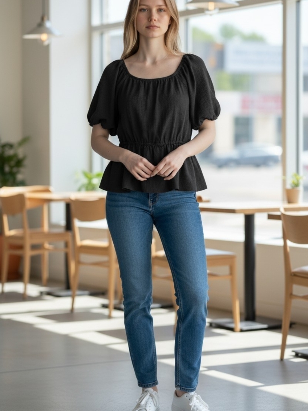 Love Cameron Black Gathered Waist Peasant Blouse